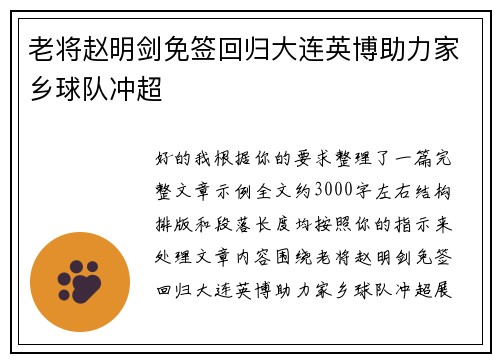 老将赵明剑免签回归大连英博助力家乡球队冲超